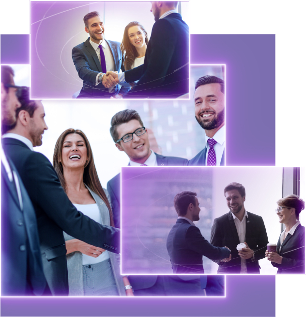 A picture montage of three photos of people greeting and doing business.